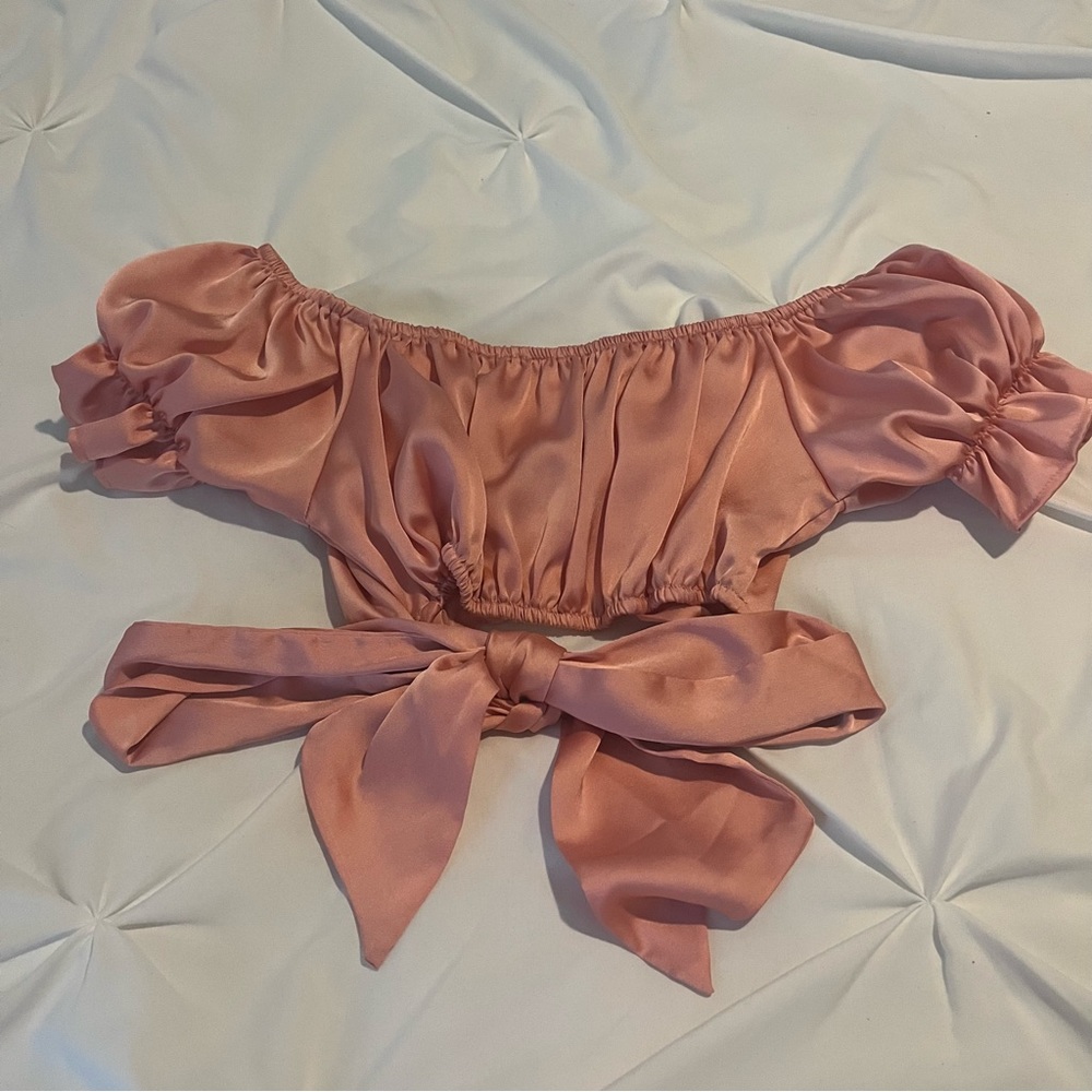 Women Ruffle Off Shoulder Crop Top Satin Strapless Short Sleeve Self Tie Blouse - Picture 4 of 7